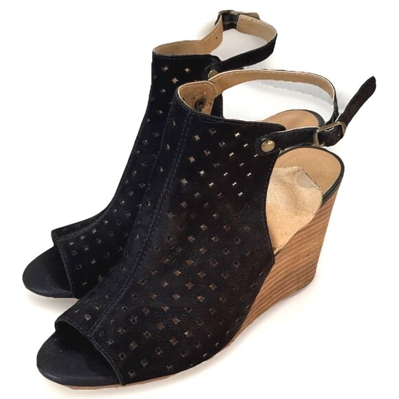Lucky Brand Sandals 9.5M Regina Slingback 3.5" Wedge Heels‎ Black Leather - Picture 1 of 12